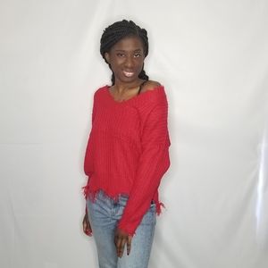 Red Frayed Long Sleeve V Neck Sweater